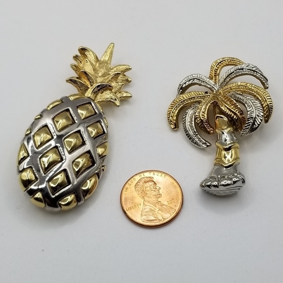 Liz Claiborne Pineapple Brooch Gold Silver Tone Palm Tree Tropical Pin Lot - Picture 4 of 13